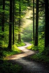 Obraz premium Winding path through lush forest illuminated by soft sunlight fi