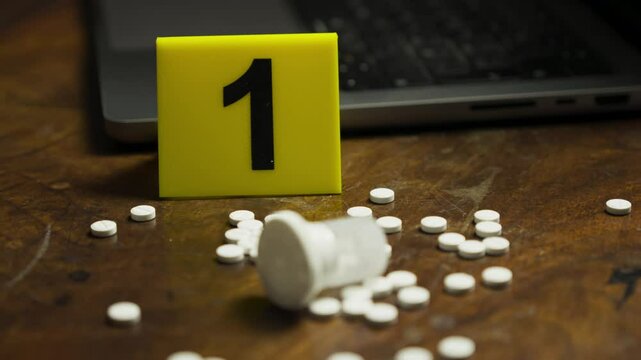Scattered drug pills on desk marked as Police investigation evidence CLOSE-UP