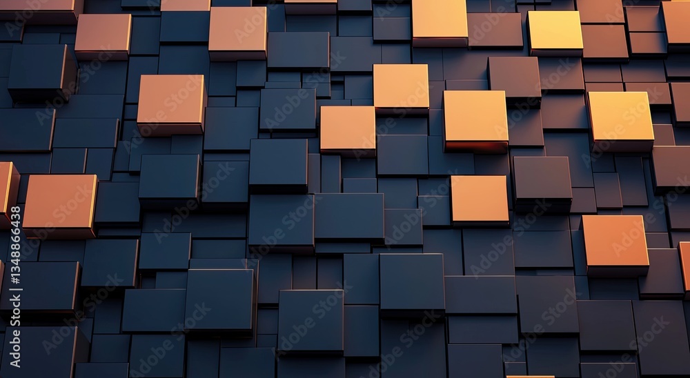 Poster a visually striking abstract pattern of interlocking squares in black and gold tones, showcasing dep