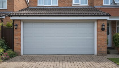A neat front garden complements a modern, horizontally paneled up-and-over garage door in a suburban brick home in the United Kingdom.