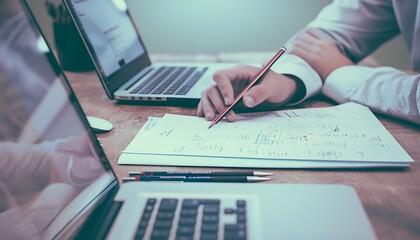 Businessman analyzing data at desk.