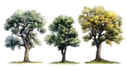 Watercolor painting showcasing three lush trees with unique characteristics