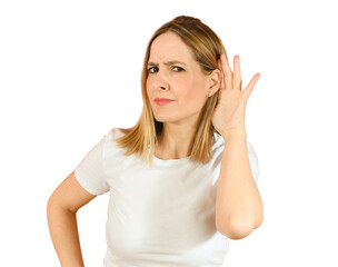 Young woman over isolated transparent background listening to something by putting hand on the ear....