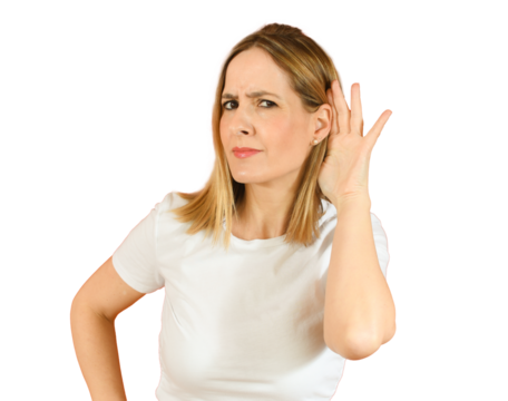 Young woman over isolated transparent background listening to something by putting hand on the ear. PNG transparent