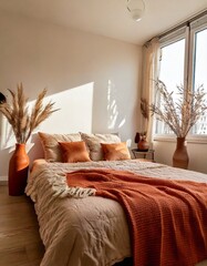  A minimalist bedroom with soft linen sheets, a terracotta throw, and rustic clay vases