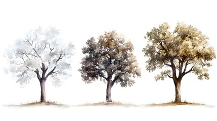Fototapeta premium Three watercolor painted trees depicted on a bright white background