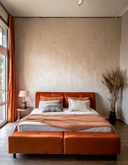A minimalist retreat with a muted clay platform bed, terracotta-toned bedding, and an off-white