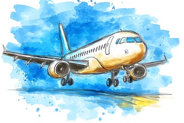 A colorful airplane drawing depicts a plane landing on a runway