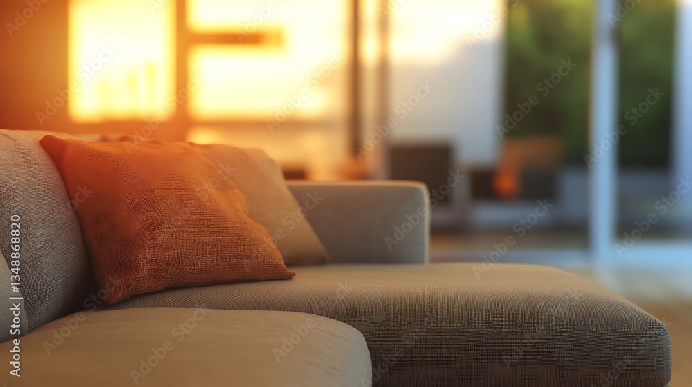 Poster sleek modern sectional sofa positioned left, highlighted against a softly blurred contemporary livin