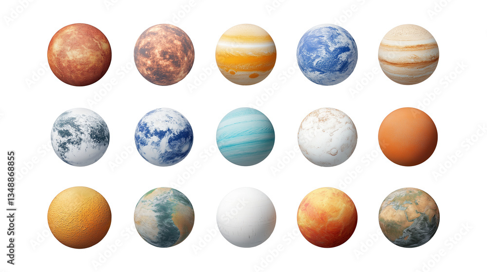 Poster cosmic bodies and detailed planets image set isolated transparent, ai generated. celestial objects c
