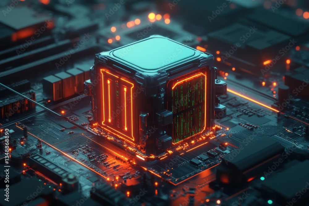 Poster futuristic glowing processor on a circuit board with data flow