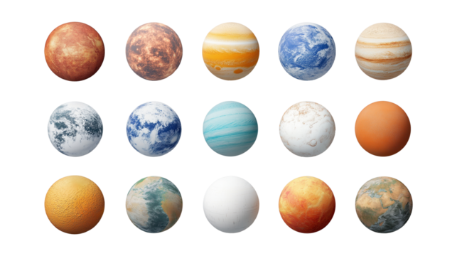 Cosmic bodies and detailed planets image set isolated transparent, ai generated. Celestial objects cut outs photo png collection. Astronomy astrophysics. Planetary science universe cutouts elements