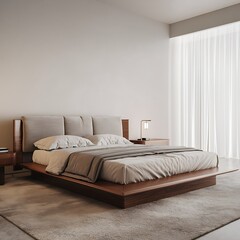 Fototapeta premium Minimalist wooden platform bed in modern bedroom – cozy interior design with natural light and simple decor