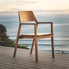 Minimalist wooden chair on seaside deck – elegant outdoor furniture with coastal view and sunset lighting