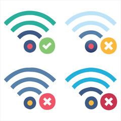 Wi-Fi Connection Status Icon Set with Checkmark, Exclamation, Cross, and Loading Symbols


