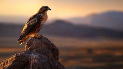 Majestic hawk perched on a rocky outcrop at sunset, overlooking a vast desert landscape