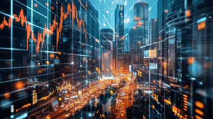 Obraz premium Futuristic Cityscape with Data Overlay and Financial Graph Visuals