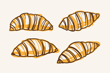 Hand drawn set with abstract Croissants. Vector sketch with French baked goods. Food illustration, pastry. Design for wrapping, label, paper, card, paper, banner, print, sign. For bakery, cafe, menu