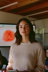 Obraz premium Confident woman stands before audience, engaging with captivatin