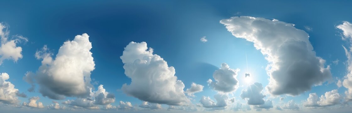 Blue sky panorama with fluffy cumulus clouds, zenith and sunlight. Panoramic skydome or zenith for 3D visualization, game and sky replacement for aerial drone 360 panoramas. Background, cloudscape.