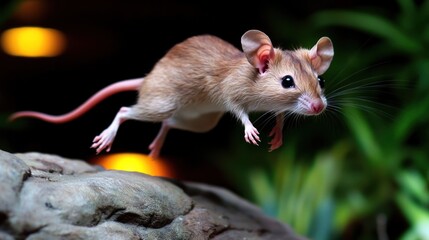 A small mouse leaps gracefully from a rocky surface amidst a lush, vibrant background