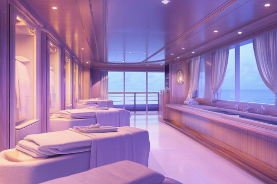 Relaxing yoga space on a cruise ship deck overlooking the ocean during sunrise