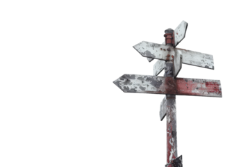 Old wooden signpost with multiple arrows pointing in directions