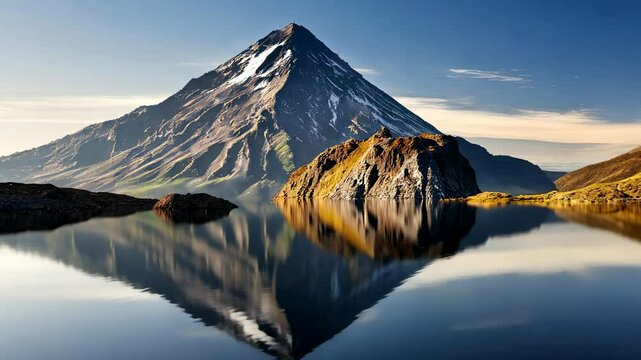 Stunning sunrise illuminates a snow capped mountain reflecting perfectly in a calm lake, creating a serene and awe inspiring landscape.
