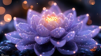 Fototapeta premium Glowing purple lotus flower with sparkling particles.