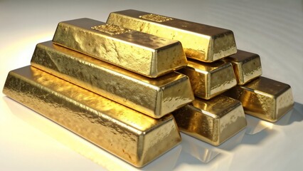 Shiny gold bars stacked on reflective surface