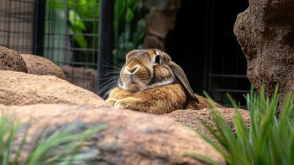 Naklejka premium A relaxed rabbit lounging on rocks in a lush green environment with soft lighting