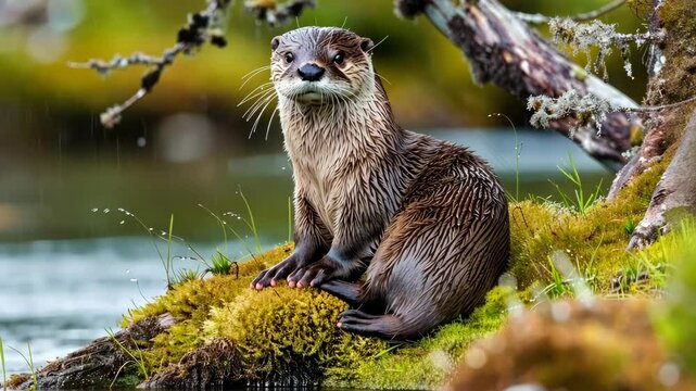 An otter sits peacefully on a moss-covered rock near water, enjoying its natural surroundings and the gentle sounds of nature