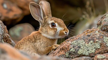 Fototapeta premium A curious rabbit perched on rugged rocks in a natural landscape, observing its surroundings