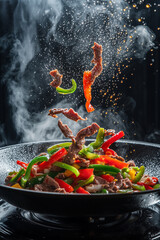 Dynamic Stir-Fried Beef with Colorful Bell Peppers in a Sizzling Wok