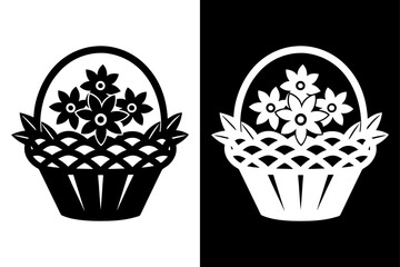 Bouquet Basket Clipart Icon Clean Black & White Vector Graphic.