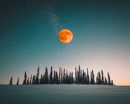 Blood Moon over snowy landscape.