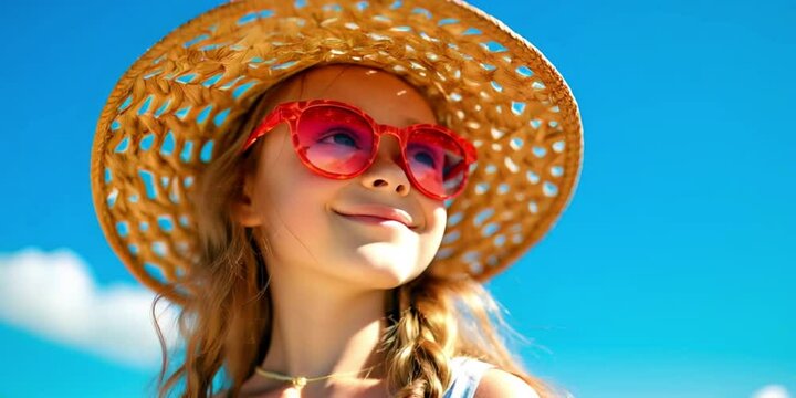 Portrait of a little girl with a straw hat and sunglasses on a summer day