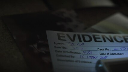 Mysterious Torchlight shines on police evidence report on unlit desk CLOSE-UP