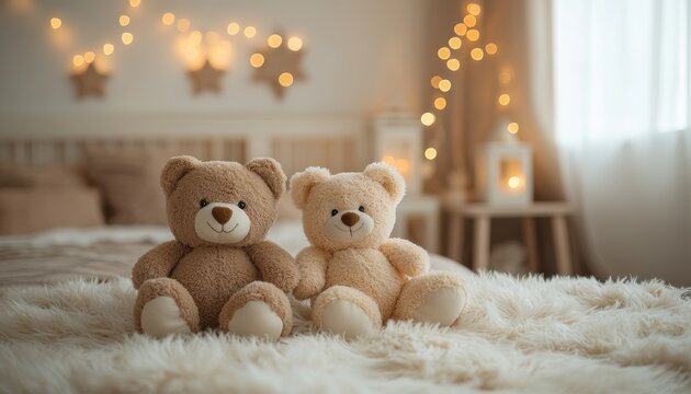 cozy dreamy nursery photography background soft beige white plush teddy bears lanterns star decorations - Powered by Adobe