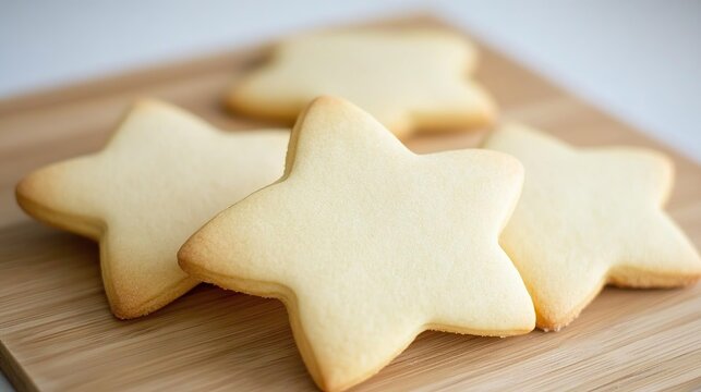 Star-shaped cookies on wooden board, kitchen setting, baking