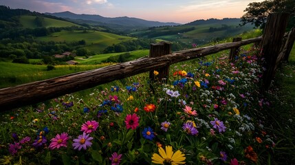 Obraz premium A Weathered Wooden Fence Nestled Among Wildflowers, Gently Overlooking the Endless Rolling Green Hills