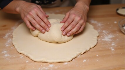 Fototapeta premium Kneading Dough on Wooden Surface