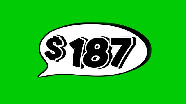 187$ dollars price tag animation motion graphics in speech bubble on green screen background for wholesale or black Friday event business concept video element
