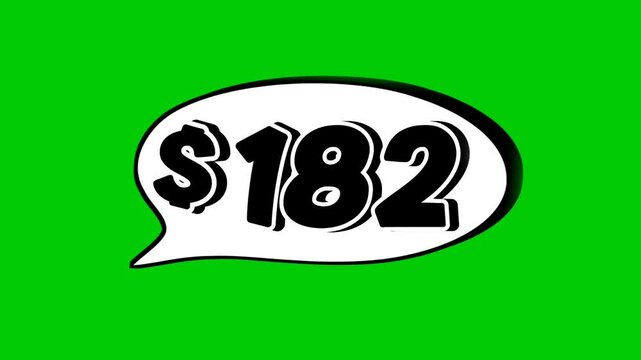 182$ dollars price tag animation motion graphics in speech bubble on green screen background for wholesale or black Friday event business concept video element