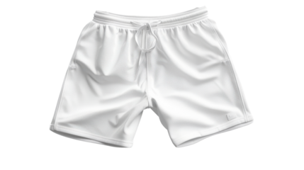 White sports shorts isolated on transparent background, featuring drawstring and pocket