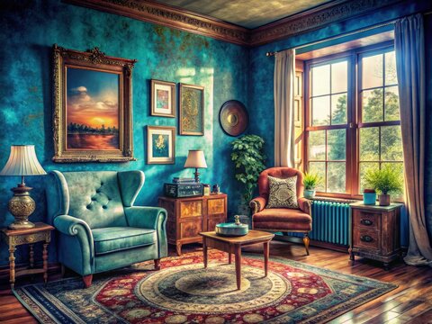 Step back in time with this vintage blue living room, a retro home decor dream.