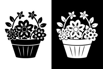 Floral Basket Silhouette Simple Black & White Vector Design.