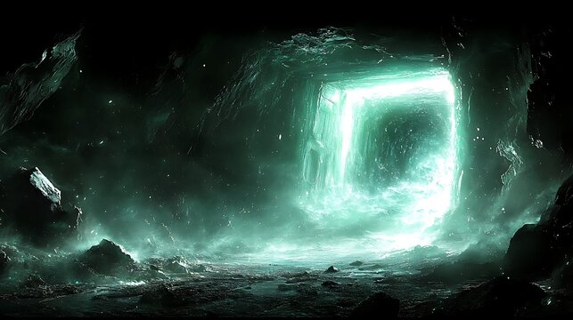Glowing green portal in dark cave.