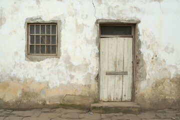 Weathered white plaster wall with rustic wooden door and window, showcasing vintage aesthetic. subtle gray undertones add character to this charming exterior