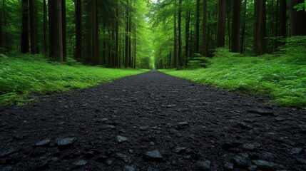 Fototapeta premium Dark path through lush green forest. A gravel road stretches into a dense, verdant woodland, lined with tall trees. Sunlight filters through the canopy, casting dappled light on the forest floor